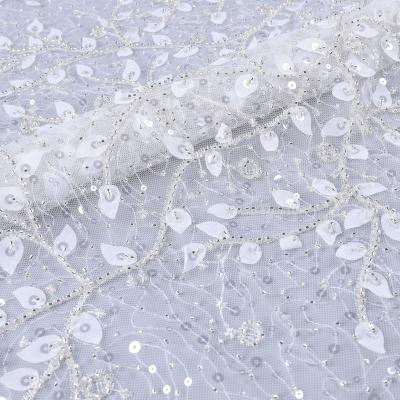 China Sequin 3d Lace Fabric 3d Lace Flower Floral Patch Workable Sew On Applique Luxury Beaded Lace Fabric for sale