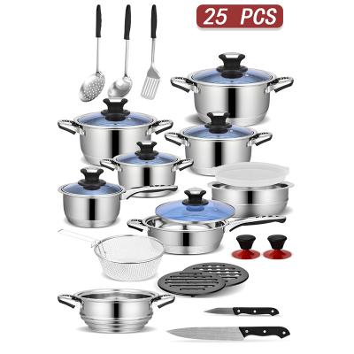 China ELERANBE 25pcs Sustainable Stainless Steel Cookware Sets Cheaper Wholesale Cheaper Logo Finer Pots and Pans Factory Saucepan OEM Custom Made for sale