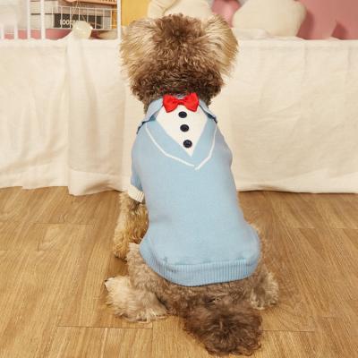 China Viable Ready To Ship Cable Bow Tie Gray Blue Puppy Pet Dog Clothing Overall Knitted Hand Knitted Dog Sweater for sale