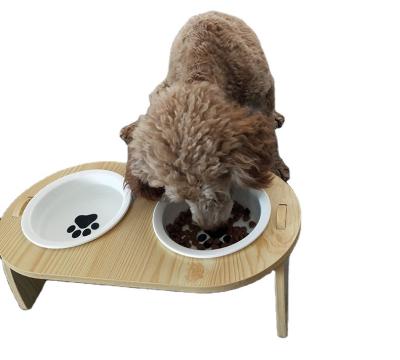 China Sustainable Bamboo Dog Water Bowls Stand Feeder With 2 Stainless Steel Bowls Anti Slip Pet Bowls for sale