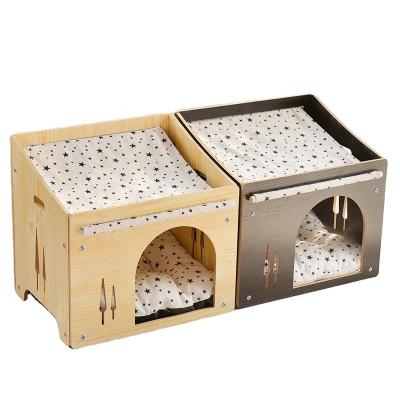 China Viable PET HOUSE NATUAL WOODEN PET NEST CAT SUE DOUBLE PET HOUSE for sale