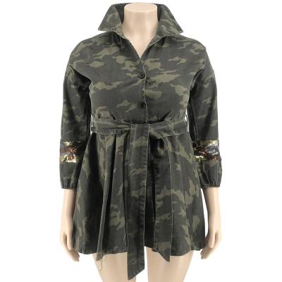 China Wholesale Women's Plus Size Sequins Camouflage Coats Including Big Belt Waist Ladies Denim Jacket Skirts Plus Size for sale