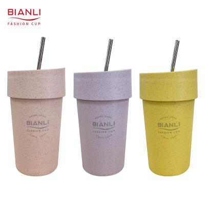 China Wheat Straw Portable Double Wall Coffee Private Label Mugs Coffee Viable Biodegradable Reusable Travel Mug Plastic Cups for sale