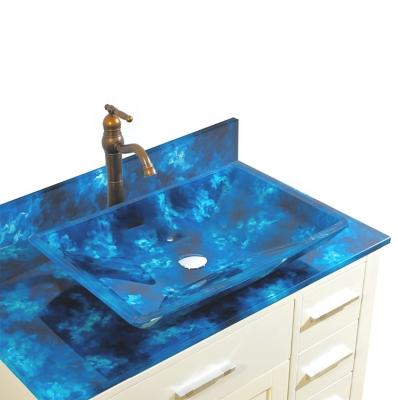 China Modern Blue Tempered Glass Countertop Rectangular Sink For Fashion Bathroom R13 for sale