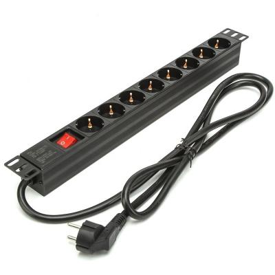 China Electric Power Transmission 1u 19inch Black Aluminum Alloy 8Way European PDU Power Distribution Unit For Cabinet for sale