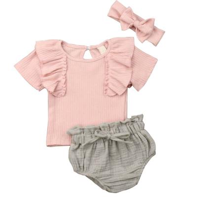 China 2022 New Summer Baby Kids Clothes Wholesale Updated Washable Pure Cotton Outfits Bowknot Headband Shorts Kids Pink Suit for sale