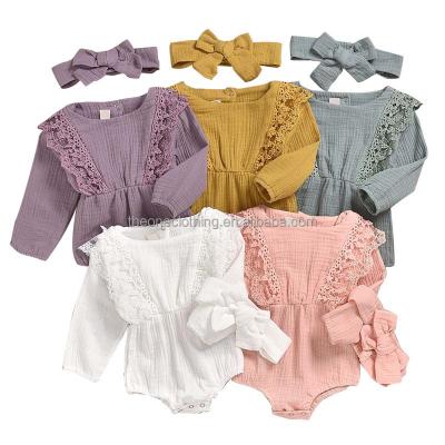 China Lovely infant clothes kids jumpsuit rompers long sleeves little girl shorts O-neck headband kids jumpsuit for sale