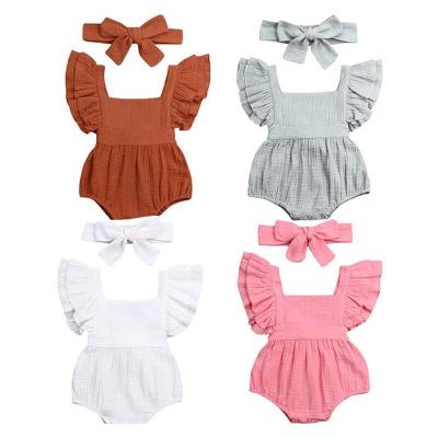 China Full Service OEM Pale Pink 100% Cotton Summer Clothes Kids Pants Waist Pleated Flight Sleeves Little Girl Rompers for sale