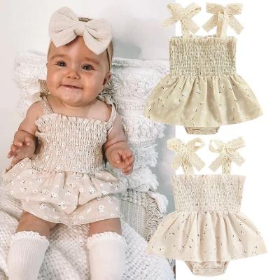 China 100% Cotton Summer Baby Clothes Kids Pants With Bowtie Waist Pleated Short Sleeveless Little Girl Rompers Boutique for sale