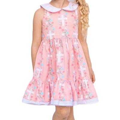 China Wholesale Washable Skirt Children's New Cross Print Ruffle Collar Doll Dress Baby Girl Lapel Dress Baby Kids Dresses Boutique for sale