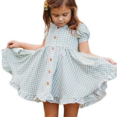 China Lovely Washable Kids Girls Puff Sleeve Clothes Summer Clothing Ruffle Boutique Girl's Button Plaid Dress For Girls for sale