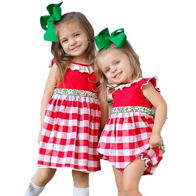 China Summer Washable Kids Clothes Birthday Party Wear Soft Sister Outfit Red Plaid Flying Sleeves Dress For Girl for sale