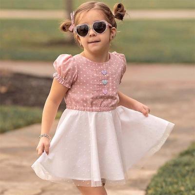 China Washable Summer Kids Baby Birthday Party Clothes Sweet Pink Princess Wear Breath Sleeves Dress For Girl Round Collar for sale