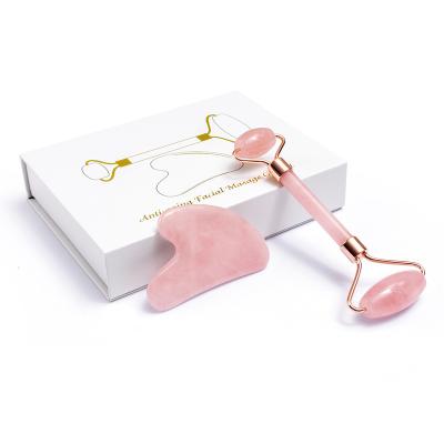 China Whitening Factory OEM Skincare Facial Massage Tools Natural Jade Stone Rose Quartz Jade Roller Gua Sha Set for sale