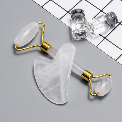 China Whitening Skincare Beauty Tool Facial Massage Natural Stone White Clear Crystal Jade Roller Gua Sha Set For Anti aging for sale