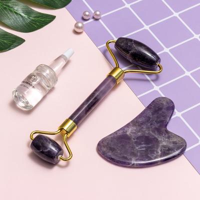 China Whitening High Quality Promotion Beauty Tools Natural Crystal Jade Stone Amethyst Jade Roller Gua Sha Set for sale