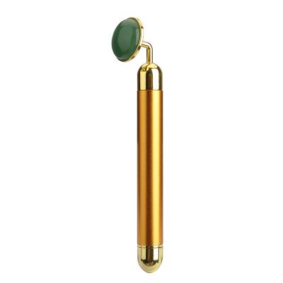 China Skincare Products' Absorb Natural Jade Stone Green Aventurine Vibrator Facial Roller Zinc Alloy 24K Round Panel Beauty Bar for sale