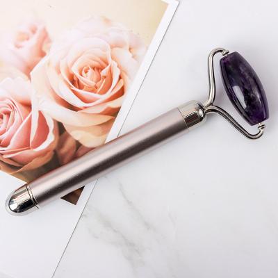 China Face Healthcare Massage Natural Jade Stone Amethyst Facial Roller Zinc Alloy 24K Golden Energy Beauty Bar For Anti aging for sale