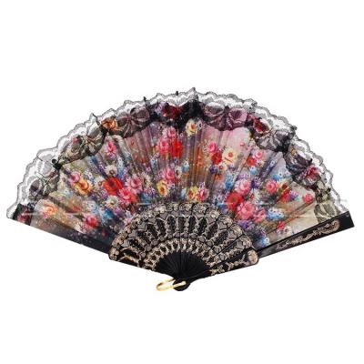 China Europe Chinese Style Manual Silk Polyester Hand Printing Plastic Fan With Lace for sale