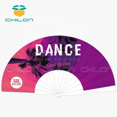 China Custom Promotional White Europe Handle Cloth Printed Plastic Hand Fan For Party for sale