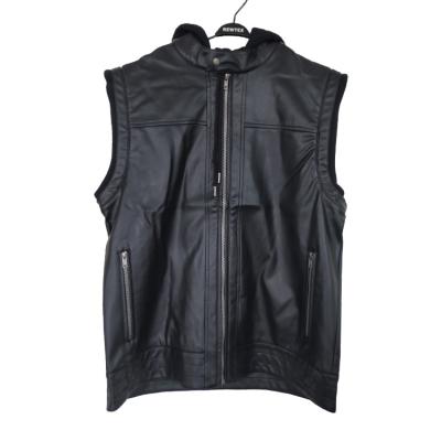 China Motorcycle Outer Men's Anti-wrinkle Spring Autumn Fashion Hooded Black Pu Vest Leather Wear Vest for sale