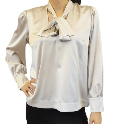 China Fashion Long Sleeve V-Neck Woven Shirt Women Shirt Silk Blouse Anti-pilling Elegant Bow for sale