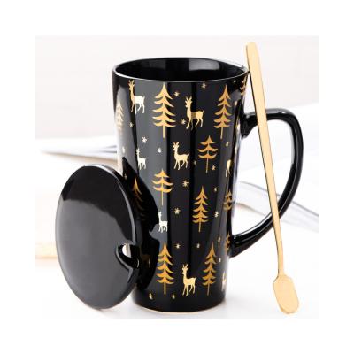 China New Sustainable 500ml Bone China Coffee Mug With Lid And Spoon Europe Style Creative Ceramic Mugs for sale