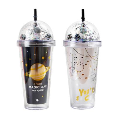 China Bead PET Insert And Lid 16OZ Space Cup Plated Plastic Double Wall Tumbler With Dome Lid With PET Insert Printing Double Wall Straw Tumbler for sale