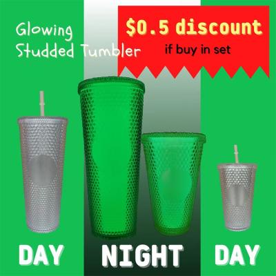 China Glow in the dark creative double wall glowing studded cup with plastic lid and straw double wall tumbler bling tumbler for sale