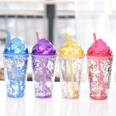 China Glitter Inside Single Wall Double Wall Ice Cream Screw Lid Cup Glitter 16oz Plastic Cup Trink Cup With Logo Customized for sale