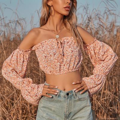 China OEM QUICK DRY custom floral lace up crop top women pleated puff sleeves top for sale