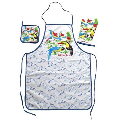 China Promotional Glove Customized Logo And Gifts Items Baking Use 3Pcs Aprons Oven Mitt Set Cotton Kitchen Apron Set for sale