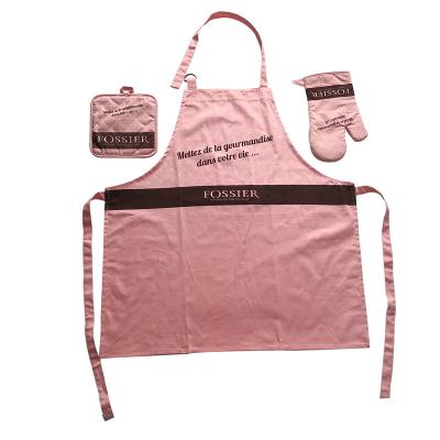 China Promotional Casual Customized Logo And Gifts Items Baking Aprons Oven Use 3Pcs Mitt Set Apron Set Cotton Kitchen Apron Set for sale