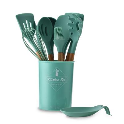 China Sustainable Home Mori Green Wooden Handle Silicone Kitchenware Set 12 Pieces Cooking Tools for sale