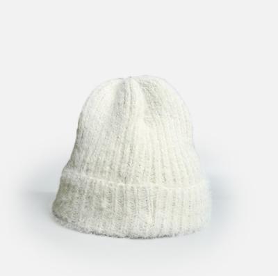 China COMMON Custom Hair Beanie Hat Fuzzy Warm Knitted Angora Rabbit Logo Layered Caps Women Winter Wool Two for sale