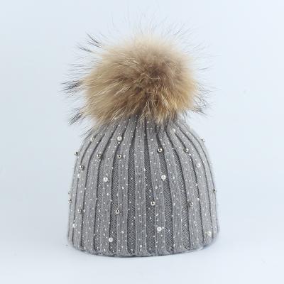 China JOINT Custom Made Women Winter Luxury Pearl Beading Rhinestone Beanies Warm Pompom Angora Knitted Rabbit Hair Beanie Hat for sale