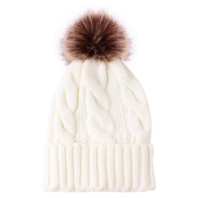 China OEM COMMON Custom Women Winter Hat Thick Twist Knitted Beanies Warm Acrylic Faux Fur Pompom Knitting Beanie Hat for sale