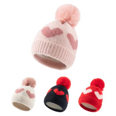 China Cute Pompom Beanie Hat Fashion Heart Pattern Winter Custom Girls COMMON Knitted Ski Cap Cuff Snow Hat For Kids 1-3Y for sale