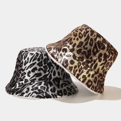 China Women Winter Formal Custom Made Leopard Print Party Bucket Hat Faux Rabbit Fur Fluffy Plush Reversible Bucket Hat for sale