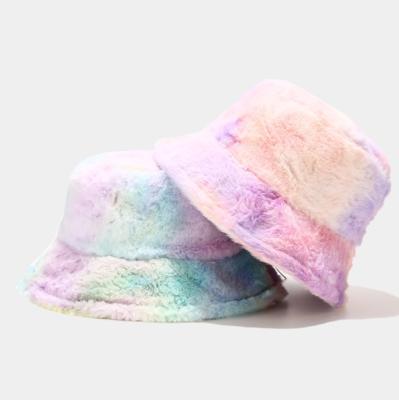 China Colorful Plush Fashion Winter Party Bucket Rainbow Tie Dye Print Fluffy Faux Fur Bucket Hat For Women for sale