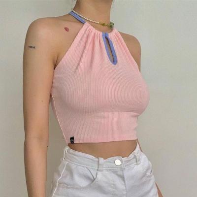 China Women Viable Round Neck Camisole Color Base Cut Hollow Out Block Ribbed Crop Sleeveless Tank Tops for sale