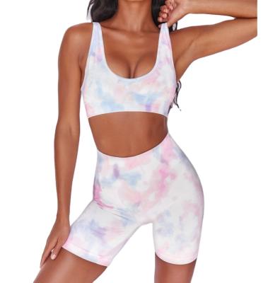 China Breathable 2 Piece High Waist Compression Workout Tie Dye Women Crop Shorts Fitness Yoga Set Gym Top Running Equipments for sale