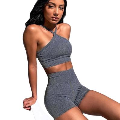 China Breathable Women High Waist 2 Piece Compression Workout Crop Top Running Tracksuit Shorts Yoga Set Gym Equipments for sale