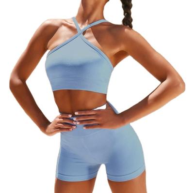 China Breathable Women High Waist 2 Piece Compression Workout Crop Top Running Shorts Fitness Yoga Set Gym Equipments for sale