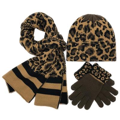 China Winter Beanie Hats Set For Women Medium Custom Leopard Animal Knit Skulled Beanie Scarf And Mittens 3 Piece Warm Knitting Set for sale