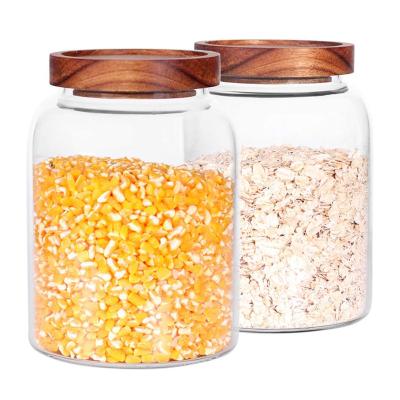 China 1250ml Beans Rice Sugar Wooden Lid Glass Storage Eco - Friendly Jars for sale