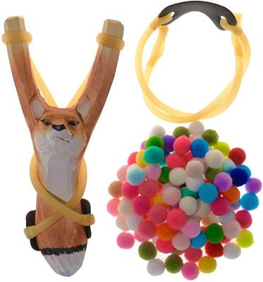 China Outdoor Sport Children Animal Fox Hand Carved Wooden Slingshot With Cotton Ammo Set For Catapult Game for sale