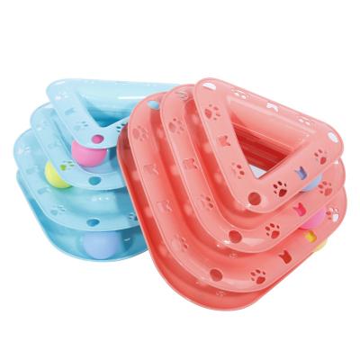 China Viable Pet Play Dish Educational Toys Cat Toy Triangle Non Slip Plastic 3 Layer Lane Trick Ball Turntable for sale