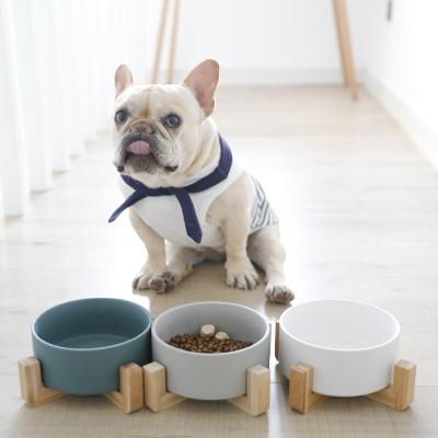 China Yiwu Feishang Sustainable Custom Candy Colors Pet Round Wooden Stand Matte Pet Water Food Cat Stylish Dog Rolls Ceramic for sale