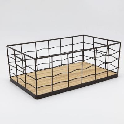 China Market Viable Wooden Bottom Storage Bin Metal Wire Organizer Fruit Vegetable Clothing Storage Baskets for sale